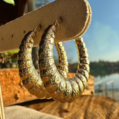 Hoop Earrings Solid Gold 10K Puffy Bamboo