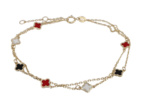Bracelet Solid Gold 10K Colourful Clover charms