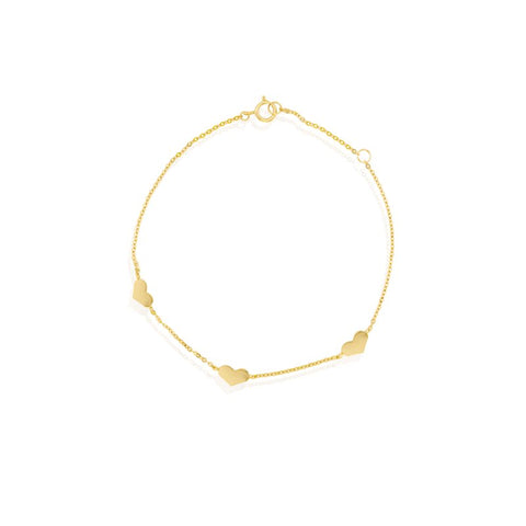 Gold bracelet with heart-shaped beads on a white background