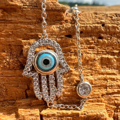 7 Sterling silver with rhodium 12x16mm Hamsa bracelet with cubic zirconia 7″ + 1″ extension