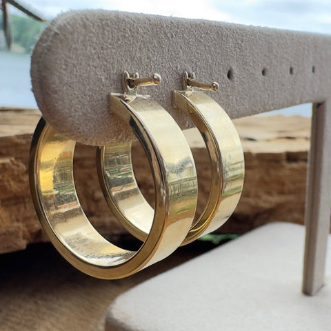 2 Yellow gold 10k flat oval large hoop earrings 23mm  large bold 