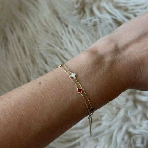 solid real gold dainty minimalistic bracelet with clovers red white black double chain dainty 