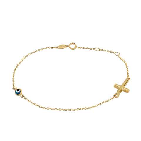 10K gold 4mm Evil Eye Bracelet with 9x13mm cross