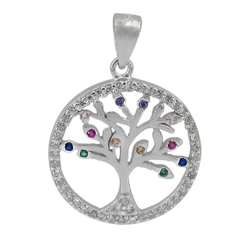 Sterling silver with rhodium 18mm tree of life pendant with colourful cubic zirconia 