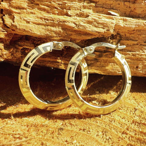 Earrings  AFRODITA  engraved Hoop Greek Design 10K Gold: 22mm