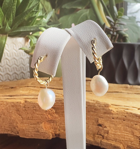 Dangling Pearl earrings twisted hoop Vermeil gold plated on sterling 2