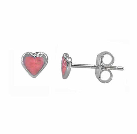 Stud Sterling Silver Earrings, Heart Pink