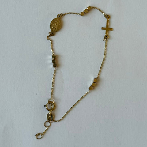 Solid Gold 10K Rosary bracelet Cross & Medallion Mary 6x7.5mm oval, 6x8mm cross, 1.5x1.5mm cube bead, 6.5″+0.5+0.5