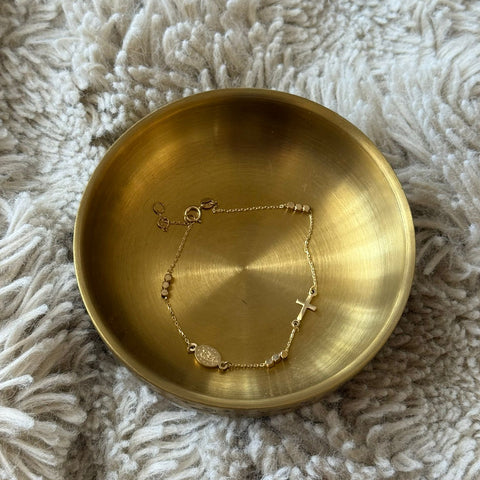 Solid Gold 10K Rosary bracelet Cross & Medallion Mary 6x7.5mm oval, 6x8mm cross, 1.5x1.5mm cube bead, 6.5″+0.5+0.5