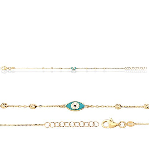Solid gold 10K Blue Evil Eye Bracelet  16.5" + 1"