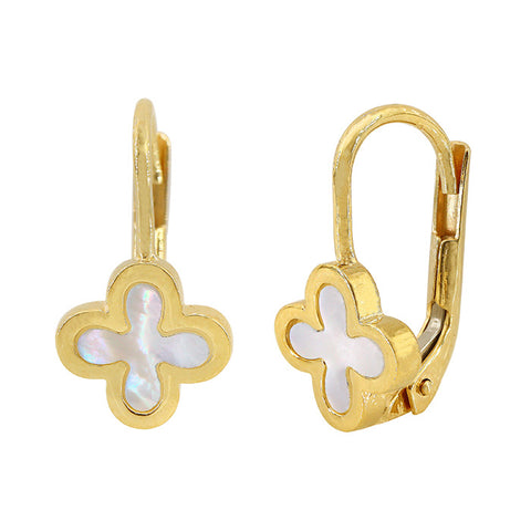 10K Gold 4 leaf clover earrings with mother of pearl 8x8mm Leverback closing