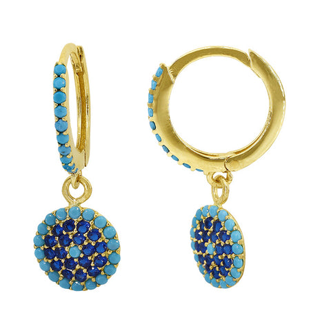 Gold Mini Hoop Earrings Blue CZ Evil Eye
