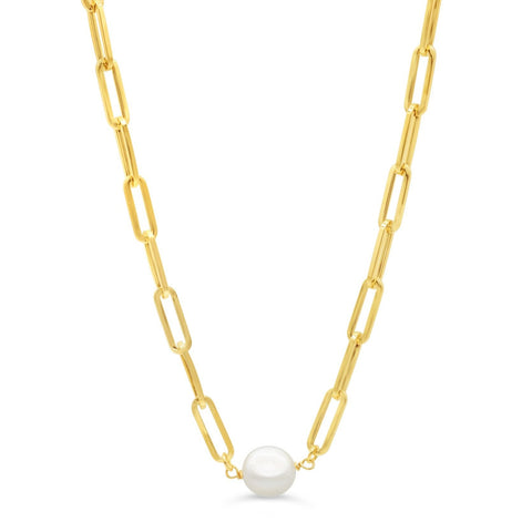 10K Gold Necklace Paperclip Pearl