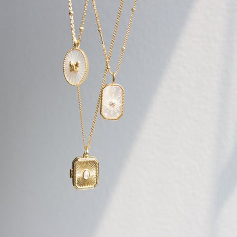 Sterling Silver Gold Vermeil Evil Eye Mother of Pearl Rectangle Necklace
