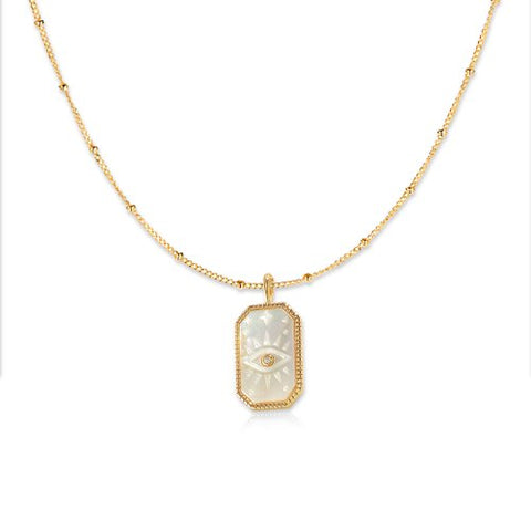 Sterling Silver Gold Vermeil Evil Eye Mother of Pearl Rectangle Necklace