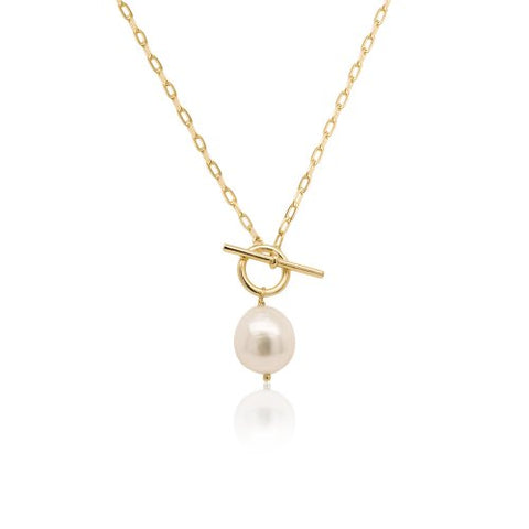 Vermeil Necklace Gold Plated on 925 Sterling Silver ZEPHRYA Pearl Paperclip Toggle