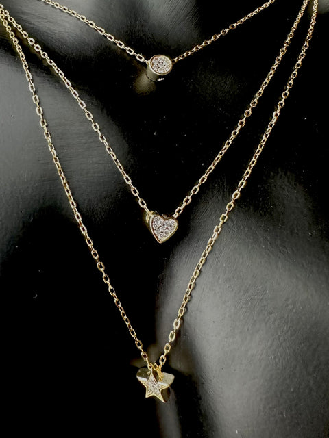 Necklace Vermeil CELESTIAL Delicate Three-Layered Charm Gold Plated on Silver 9