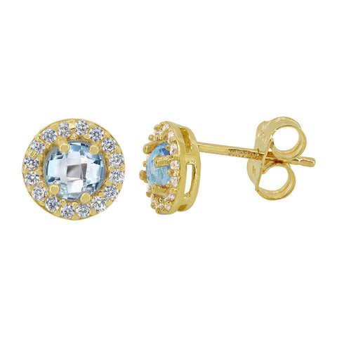 Stud Earrings 10K Solid Gold Blue Topaz CZ
