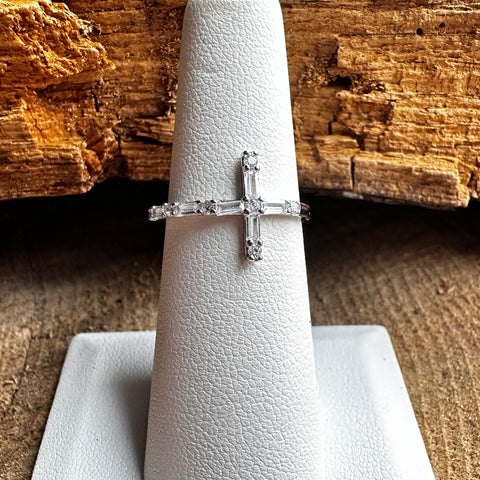 10 Sterling Silver with rhodium 12x20mm Cross ring with CZ Cubic Zirconia 1.5 mm beaded band