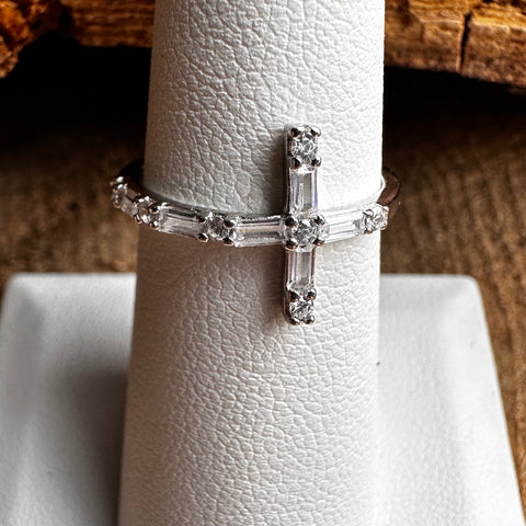 3 Sterling Silver with rhodium 12x20mm Cross ring with CZ Cubic Zirconia 1.5 mm beaded band