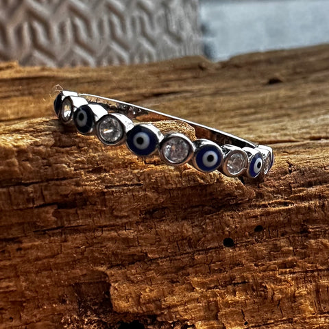  Sterling Silver with rhodium 3mm evil eye ring with cubic zirconia