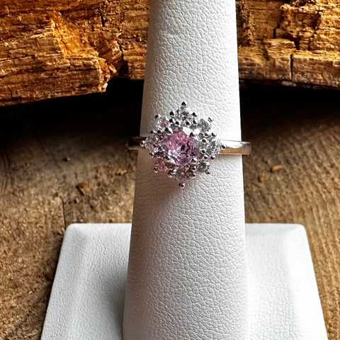 4 Sterling Silver with rhodium 11 mm flower ring 2mm band CZ Pink