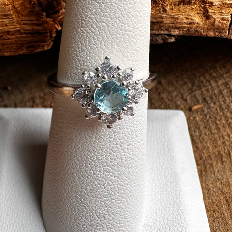 13 Sterling Silver with rhodium 11 mm flower ring 2mm band Blue cubic zirconia