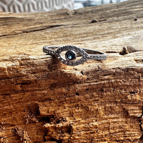 5  Sterling Silver with rhodium 5x9mm evil eye ring with cubic zirconia