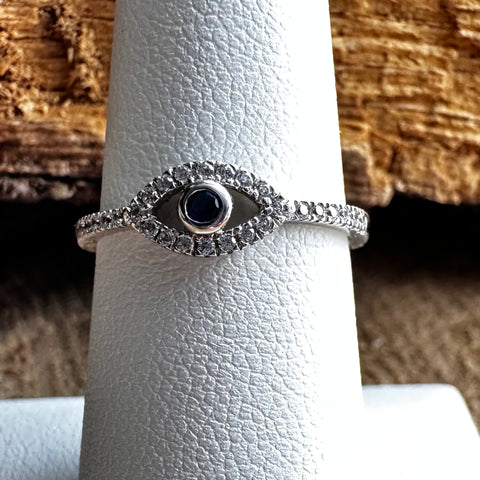 10 Sterling Silver with rhodium 5x9mm evil eye ring with cubic zirconia