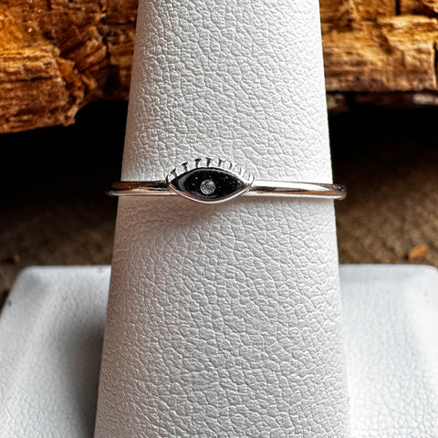 Sterling Silver with rhodium 3x6mm evil eye ring with 1mm cubic zirconia 5