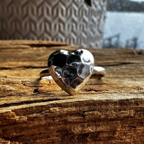 Sterling Silver 12mm hammered heart ring with 1.5mm band