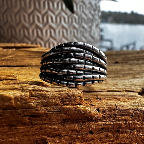 Sterling Silver Ring layered design 13mm width Oxidized hammered finish marks