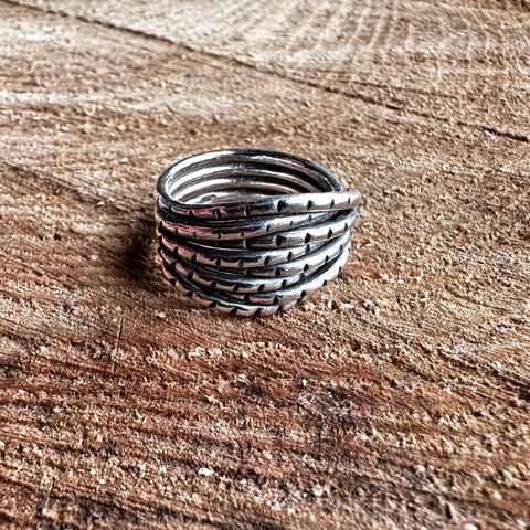 2 Sterling Silver Ring layered design 13mm width Oxidized hammered finish marks