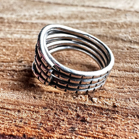 3 Sterling Silver Ring layered design 13mm width Oxidized hammered finish marks
