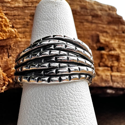 5 Sterling Silver Ring layered design 13mm width Oxidized hammered finish marks