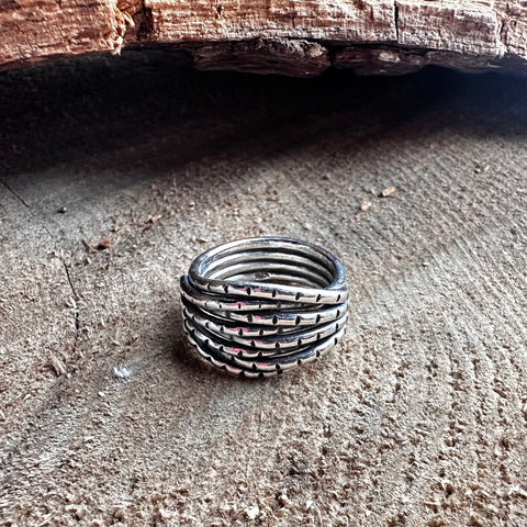 4 Sterling Silver Ring layered design 13mm width Oxidized hammered finish marks