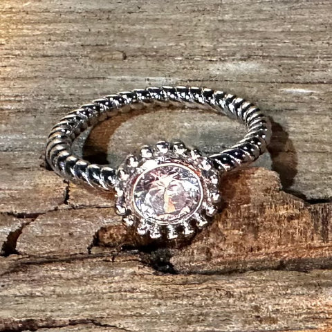 2 Sterling Silver with rhodium flower ring with 5mm cubic zirconia 2mm twisted band