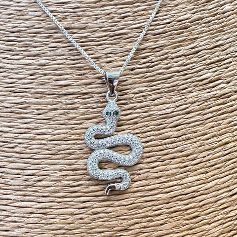 Sterling silver with rhodium 15x23mm snake pendant with cubic zirconia 9