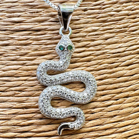 Sterling silver with rhodium 15x23mm snake pendant with cubic zirconia 8