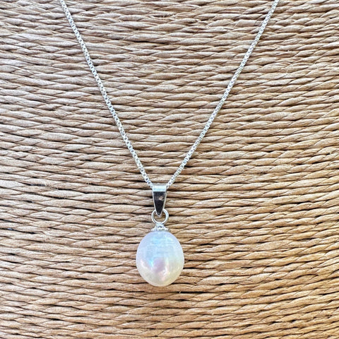 Sterling silver with rhodium freshwater pearl pendant 8.5x10mm