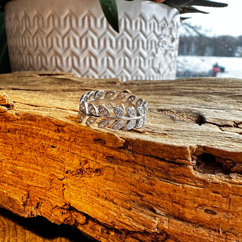 5 Sterling Silver with rhodium Leaf ring with cubic zirconia 6mm width