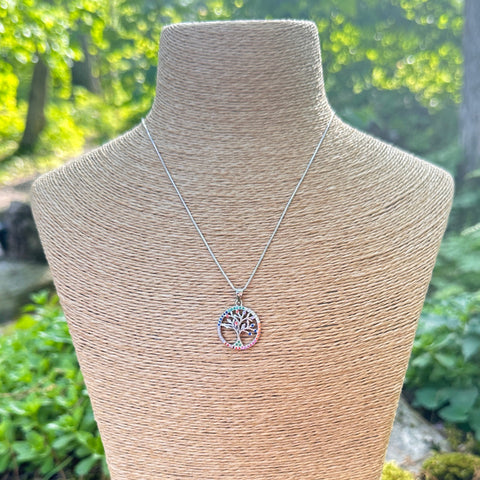 Sterling silver with rhodium 18mm tree of life pendant with colourful cubic zirconia  8