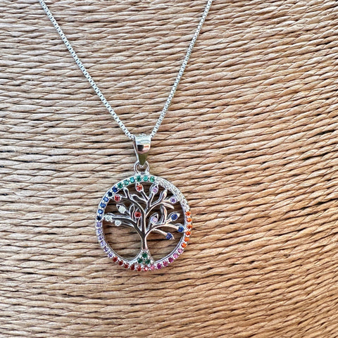 Sterling silver with rhodium 18mm tree of life pendant with colourful cubic zirconia  3