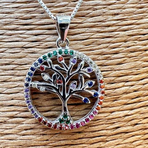 Sterling silver with rhodium 18mm tree of life pendant with colourful cubic zirconia  4