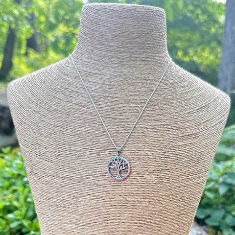 Sterling silver with rhodium 18mm tree of life pendant with colourful cubic zirconia 7