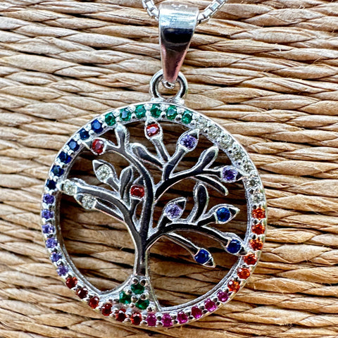 Sterling silver with rhodium 18mm tree of life pendant with colourful cubic zirconia  6