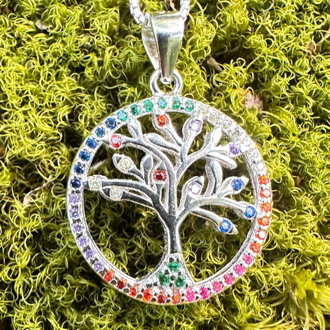 Sterling silver with rhodium 18mm tree of life pendant with colourful cubic zirconia  5