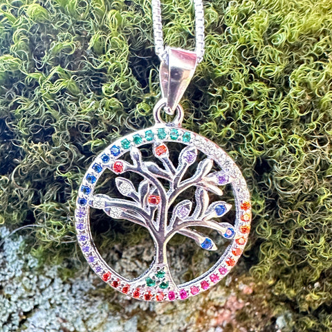 Sterling silver with rhodium 18mm tree of life pendant with colourful cubic zirconia  9