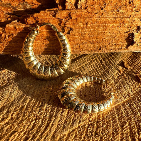 3 Hoop Earrings 10K Gold Puffy Diamond cut Bamboo