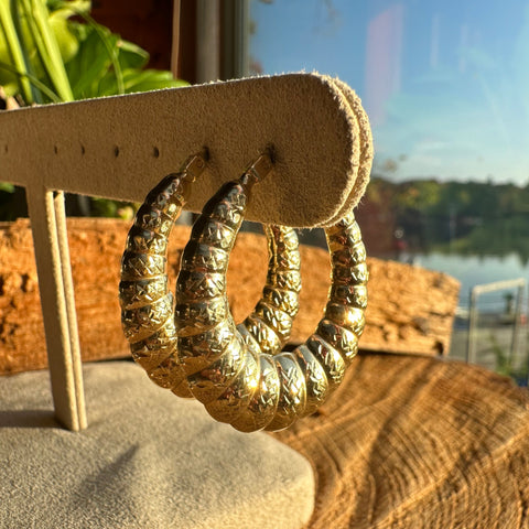 2 Hoop Earrings 10K Gold Puffy Diamond cut Bamboo